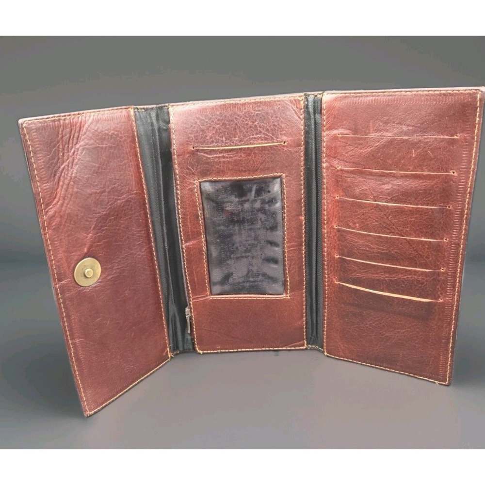 TOUS Fresh Brown Leather Wallet Embossed Bear Heart TriFold Logo Clutch Vintage - Picture 3 of 7